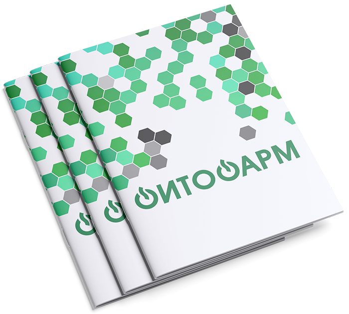 Промотивни брошури со зелен хексагонски дизајн и лого на Фитофарм прикажани на транспарентна позадина.“