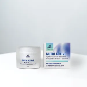 Lea Nutri Active ноќен крем со бакучиол, невеново масло, маслиново масло и алантоин.